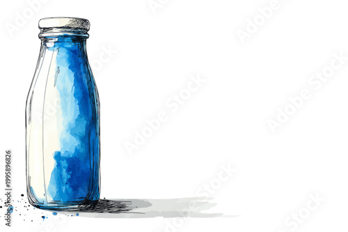 Hand-drawn glass bottle with blue watercolor splash on white background