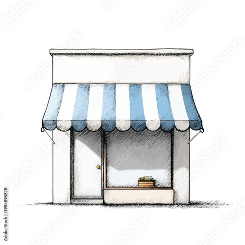 Charming vintage storefront with blue and white striped awning