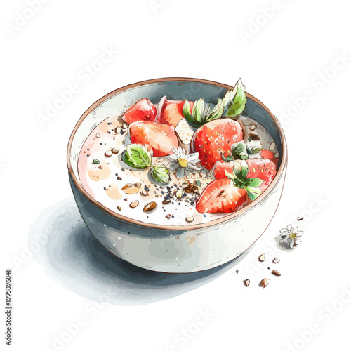 Illustrative bowl of fresh strawberry yogurt with seeds and flower garnish