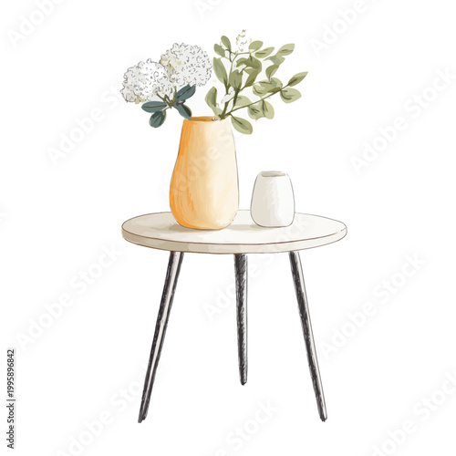 Minimalist table with vase and flowers sketch on white background