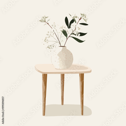 Minimalist wooden table with ceramic vase and white flowers on neutral background
