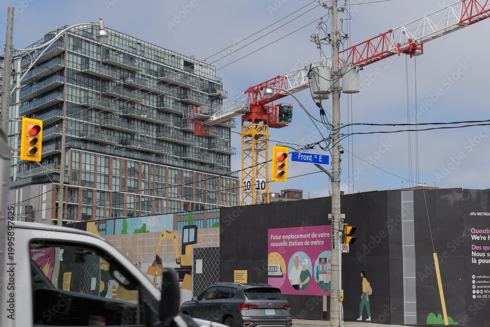 Fototapeta premium construction site with crane (Ontario Line, Corktown Station, King St E, Berkeley, Lower River, Parliament), Toronto