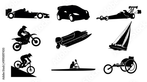 Sports and Racing Silhouettes Set - Cars, Boats, Bikes