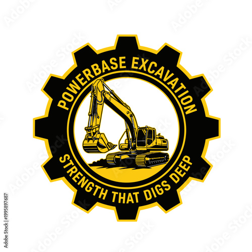 Yellow excavator logo on black gear.