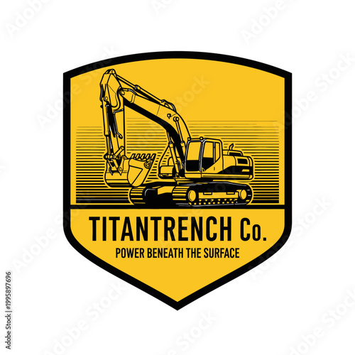Yellow excavator logo on shield.