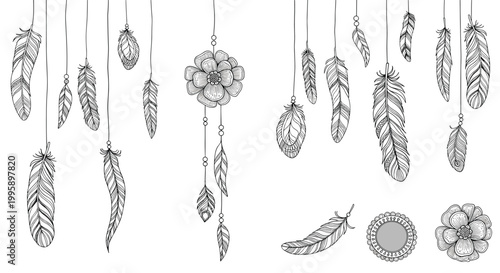 Beautiful collection of hand drawn feathers and bohemian ornaments hanging vertically in various patterns and designs.