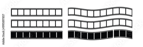 Film tape strip vector illustration for movie cinema reel, 35mm filmstrip frames, and photography border design in black and white style
