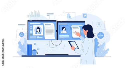 Doctor analyzing medical data on computer screens and tablet, healthcare technology concept