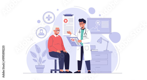 Doctor Consults Elderly Patient in Clinic, Discussing Health Report