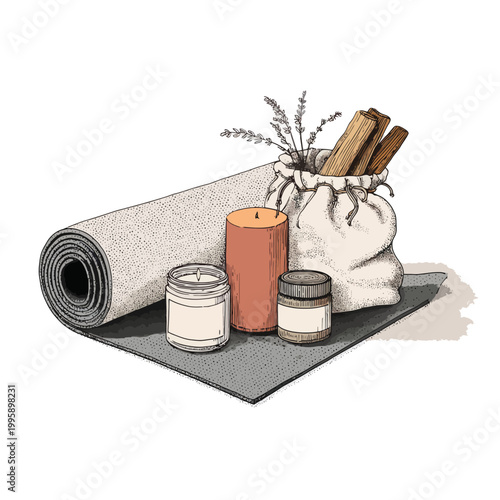 Cozy yoga setup with grey mat and scented candles
