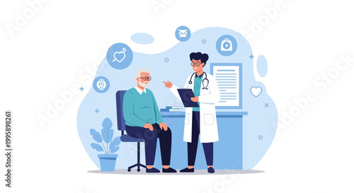 Doctor Consults Elderly Patient in Clinic: Healthcare, Medical Checkup, and Senior Care Concept