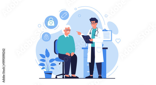 Doctor Consults Elderly Patient in Clinic, Discussing Health and Treatment Plan