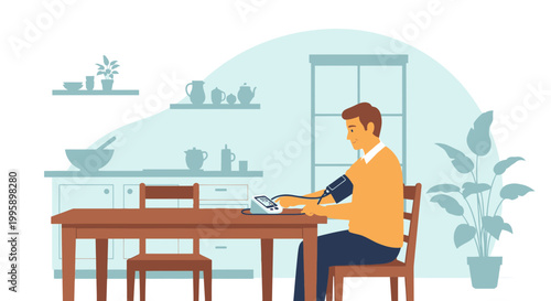 Man measuring blood pressure at home, health check, hypertension monitoring