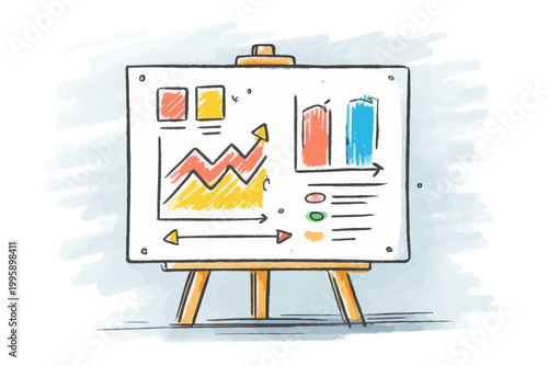 Hand-drawn business chart on easel showing data analysis with growth and decline arrows