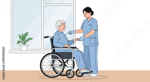 Nurse assisting elderly man in wheelchair, healthcare, home care, medical support