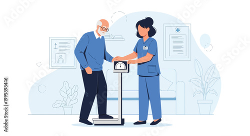Nurse assisting elderly man weighing himself on a medical scale in a clinic
