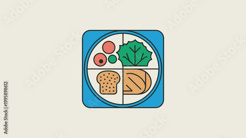 A graphic illustration of a divided plate showcasing a balanced meal with vegetables, fruits, and whole grains.