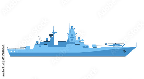 Modern Warship with Helicopter on Deck, Naval Vessel Illustration