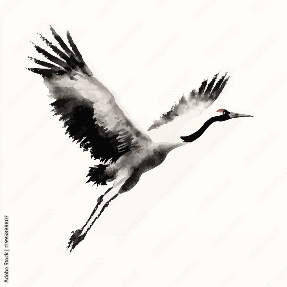 Fototapeta premium Graceful black and white watercolor crane in flight with outstretched wings