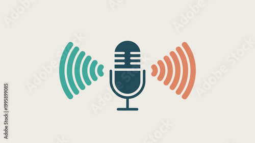 A stylized illustration of a microphone with colorful sound waves on a beige background