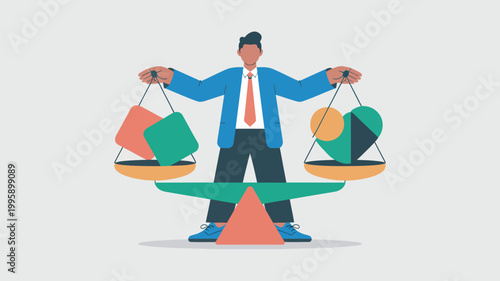 A cartoon man balancing colorful shapes on a seesaw in a playful illustration of equilibrium and harmony.