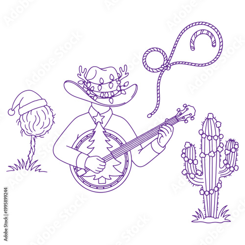 Cowboy playing guitar in desert landscape with cactus and lasso isolated festive scene