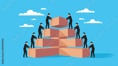 A group of businessmen working together to build a structure with large blocks on a blue background