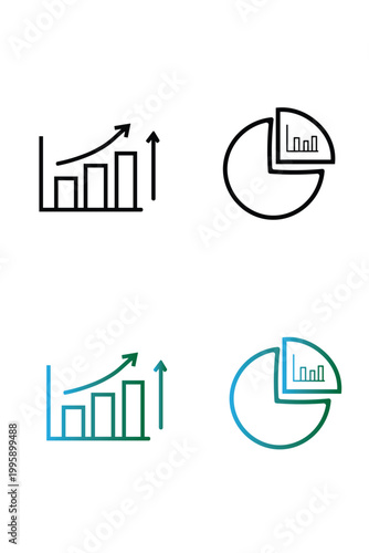 This image contains four minimalist, icon-style illustrations representing business and financial analysis concepts.