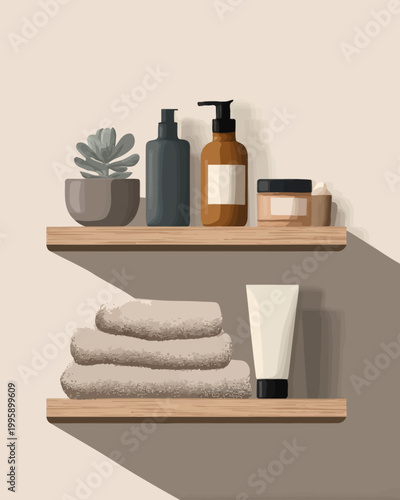 Minimalistic bathroom shelves with skincare products and towels