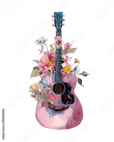 Floral acoustic guitar with blossoming flowers in artistic design