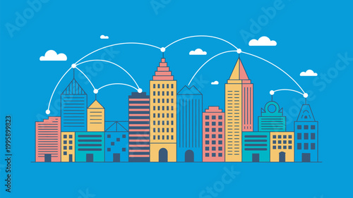 A vibrant cityscape with colorful buildings and connections under a blue sky with clouds
