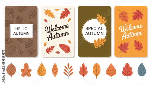 Collection of four autumn themed greeting cards and a set of individual fall leaves featuring brown, orange, and cream colors with text saying hello autumn, welcome autumn, and special autumn