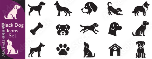 Black dog silhouette set with different poses running sitting lying vector illustration isolated on white background.