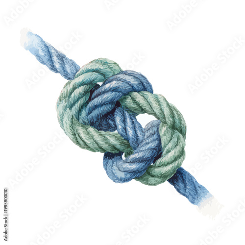 Intertwined blue and green rope knot on white background
