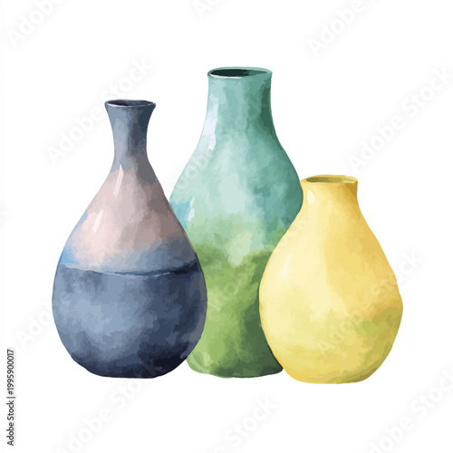 Colorful ceramic vases: blue, green, yellow - artistic arrangement