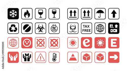 Collection of logistics and shipping featuring black and red symbols for handling instructions, fragile goods, temperature control, recycling, and hazard warnings on a white background set