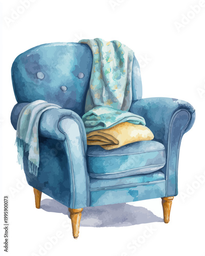 Cozy blue armchair with colorful drapes and wooden legs