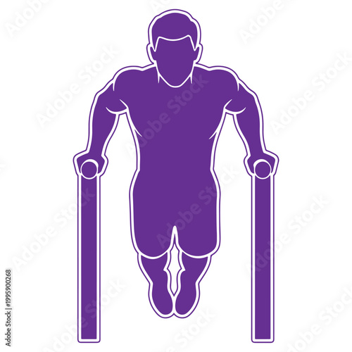 Silhouette of an athlete performing pullups on parallel bars in a fitness setting