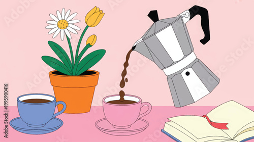 Flat of a cozy morning scene with a silver moka pot pouring coffee into a pink cup, a blue cup on a saucer, a potted daisy and tulip plant, and an open book on a pink table