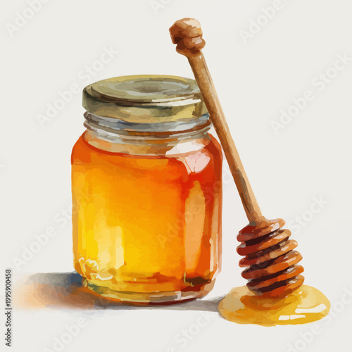 Glowing jar of honey with dipper dripping sweet nectar