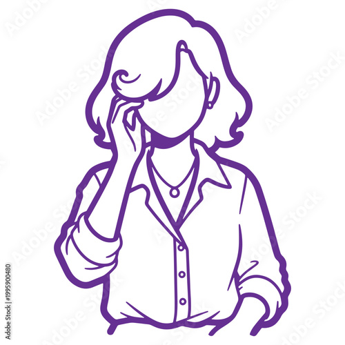 Woman with curly hair in thoughtful pose isolated on white background