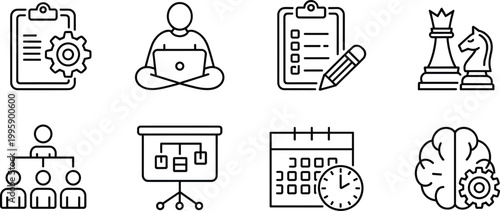 Business planning icons set, strategy management teamwork schedule symbols vector illustration collection design