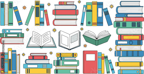 Vector illustration of various colorful books and open books for reading, education, and learning