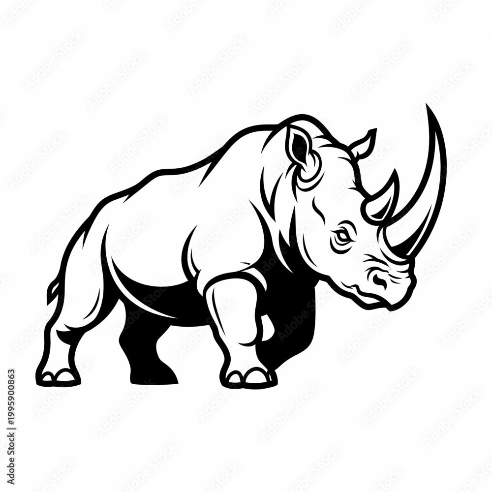 Fototapeta premium Rhinoceros stands in a powerful stance showcasing its massive horn and thick skin in this detailed black and white illustration.