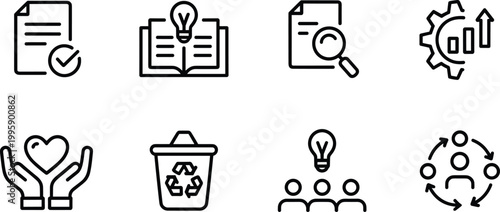Business process icons set, document idea analysis teamwork recycle symbols vector illustration collection design