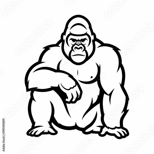Gorilla illustration depicts a powerful silverback primate in a seated pose rendered with bold black lines on a clean white background.