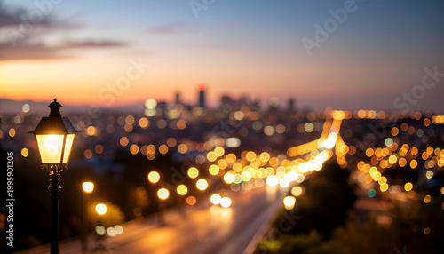 Vintage street lamp with city bokeh at sunset.