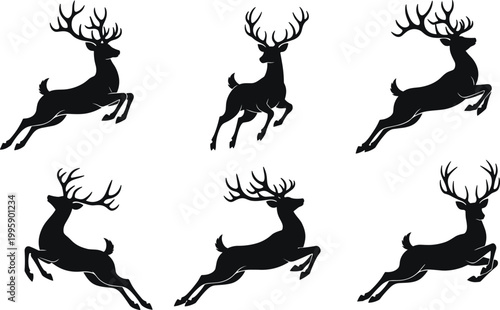 Cartoon illustrated deer silhouettes collection featuring leaping running antlered poses creative wildlife animal artwork natural forest outdoor scene