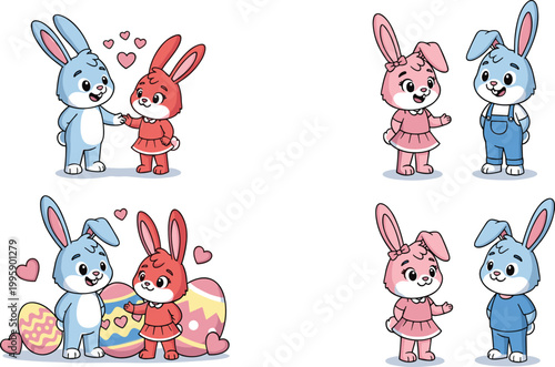 Cartoon illustrated Easter rabbits couples holding hands decorated eggs hearts cheerful festive spring celebration friendship creative artwork scene