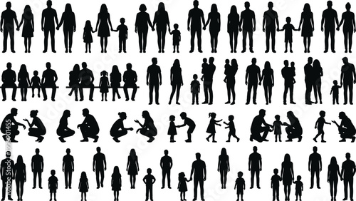 Cartoon illustrated family silhouettes collection featuring parents children interactions holding hands playing sitting standing creative people artwork scene